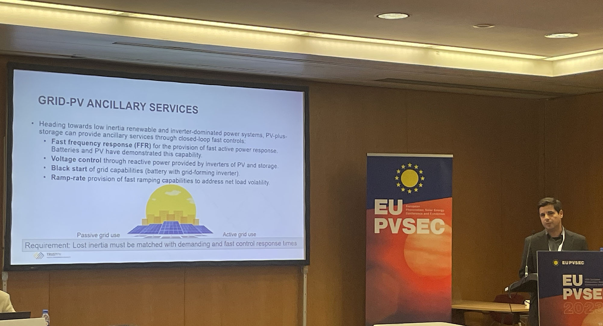 Dr. George Makrides presented on grid stability and ancillary services in distributed systems at a Parallel Event of the 40th EU PVSEC